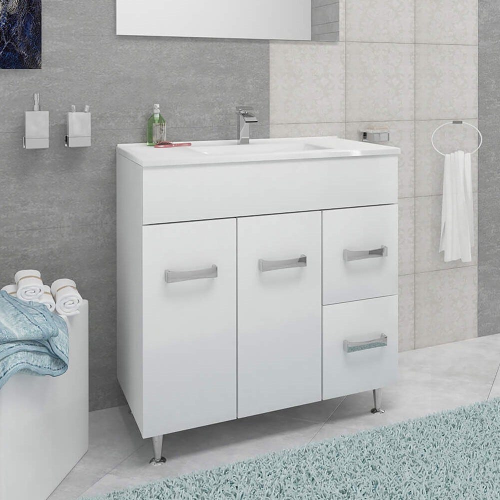 MADRID Meuble salle de bain sur pieds simple vasque Blanc largeur 80 cm 1
