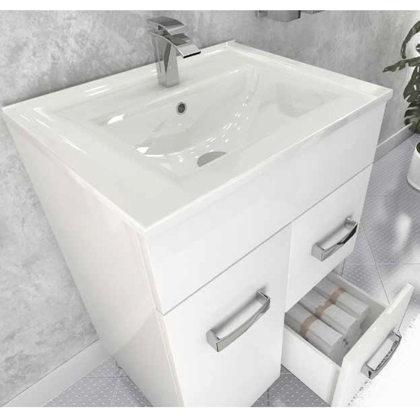 MADRID Meuble salle de bain sur pieds simple vasque Blanc largeur 60 cm + miroir 3