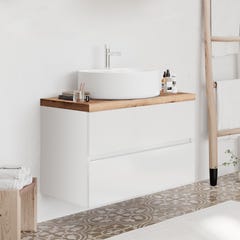 CITY Ensemble meubles blanc avec plan pour vasque à poser chêne naturel L. 80 cm + miroir + colonne murale 2