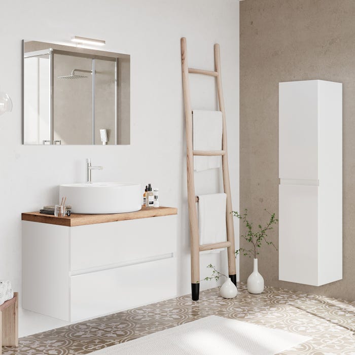 CITY Ensemble meubles blanc avec plan pour vasque à poser chêne naturel L. 80 cm + miroir + colonne murale 0