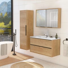 Meuble salle de bain 100 cm à suspendre avec rangement chêne Border + vasque kosmik blanche 1