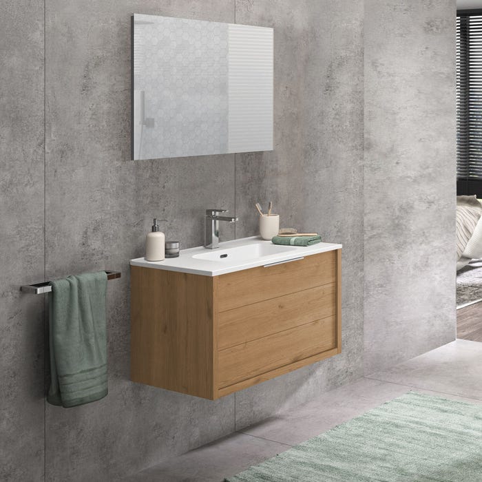 Meuble de salle de bain monté 80 cm à suspendre avec rangement chêne Sorento + vasque kosmik blanche 1