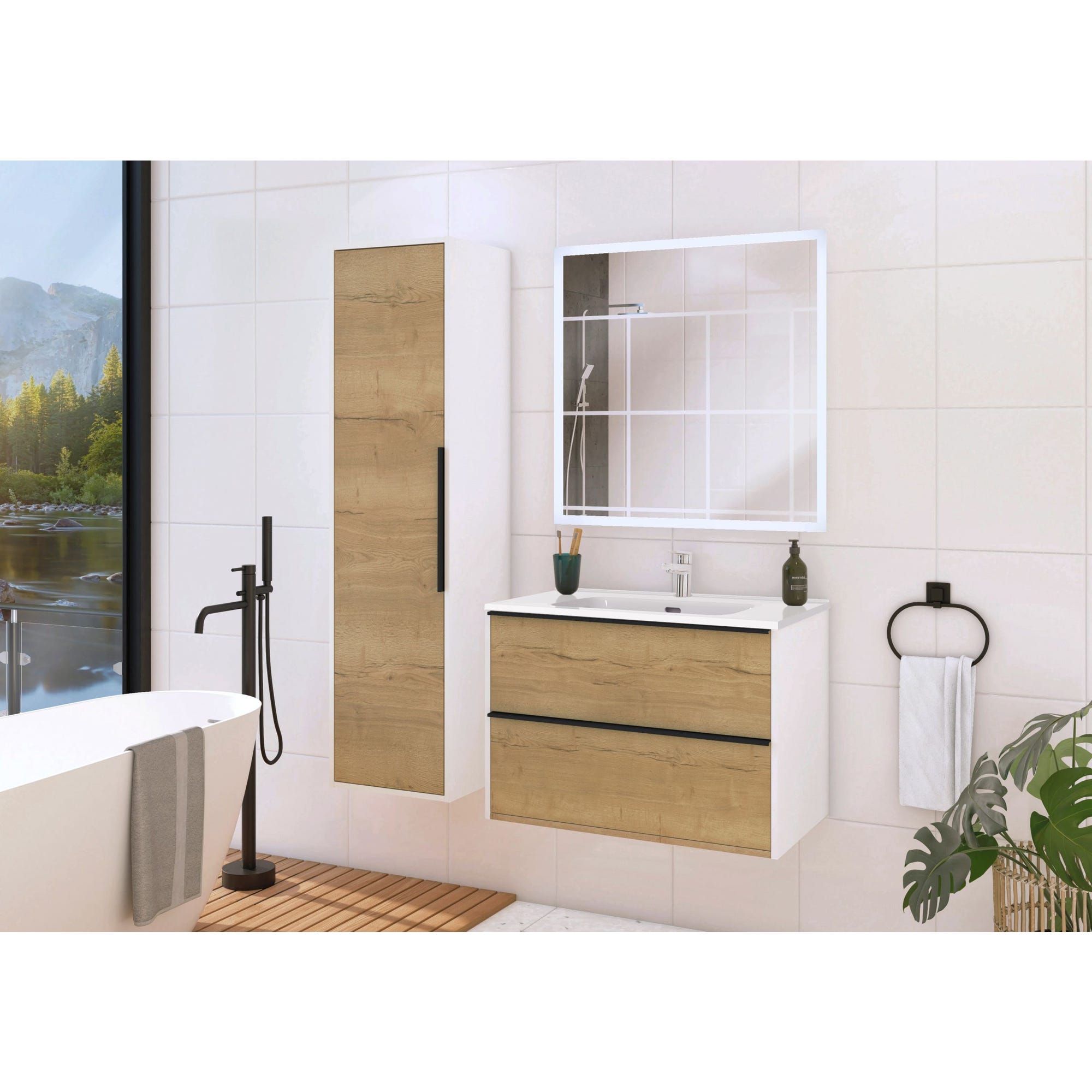 Meuble de salle de bain 80 cm à suspendre avec rangement chêne/blanc Border + vasque kosmik blanche 1