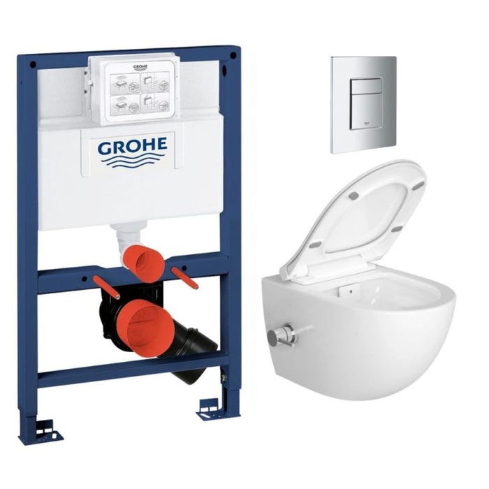 Grohe Pack WC Bâti-support + WC sans bride SAT avec bidet thermostatique + Abattant SoftClose + Plaque Chrome (RapidSL082-SATClean-1) 0