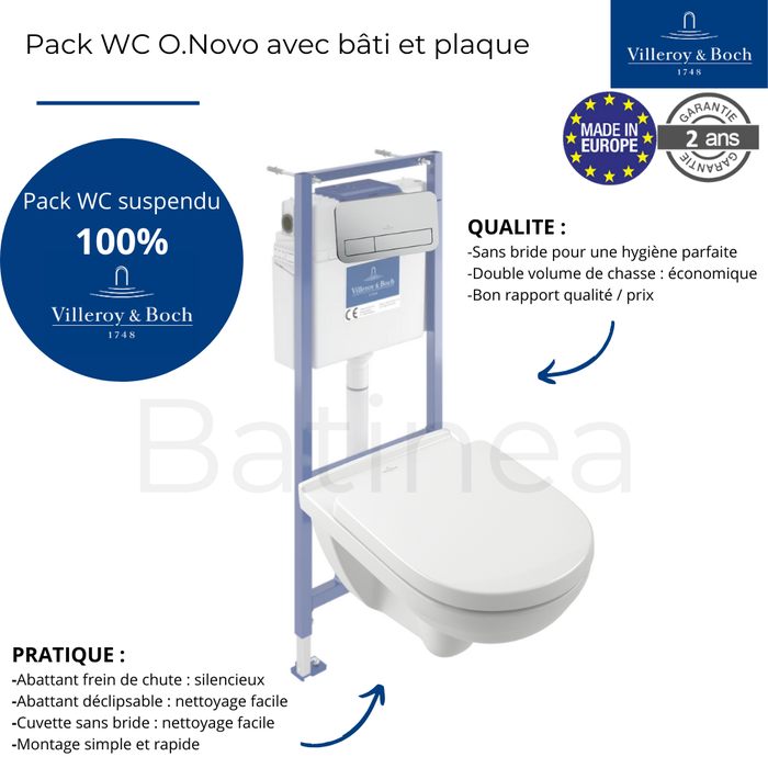 Pack WC sans bride VILLEROY ET BOCH O novo avec abattant + bâti Viconnect PRO + plaque blanche 2
