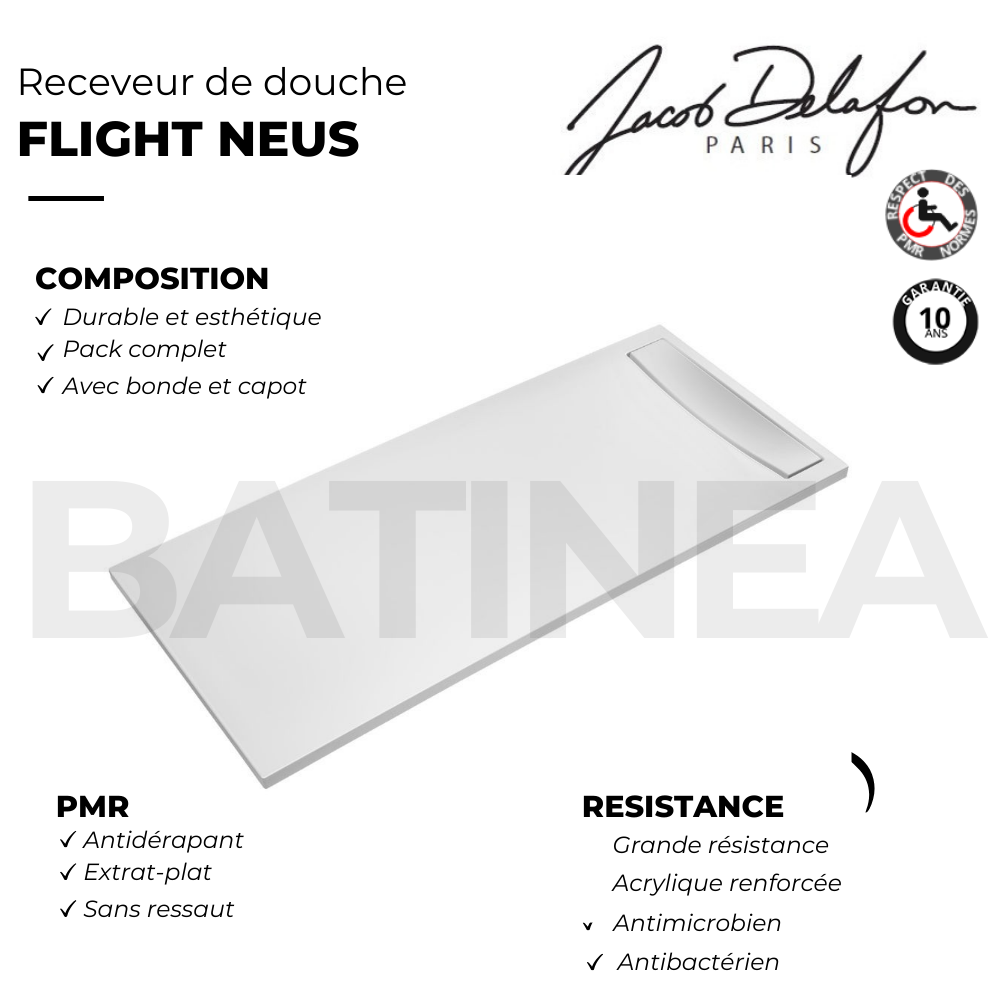 Receveur de douche antidérapant 160 x 80 JACOB DELAFON Flight Neus acrylique rectangle blanc + bonde + capot 3