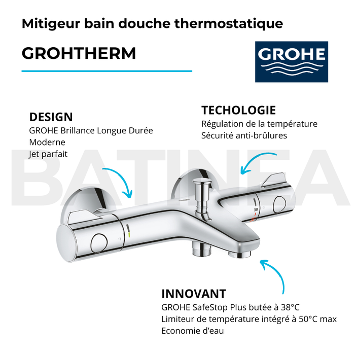 Robinet bain thermostatique GROHE Grohtherm 800 avec ensemble de douche 2 jets et colonnettes 2