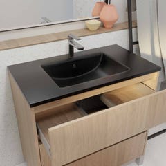 Meuble de salle de bains 80 cm 3 Tiroirs Chêne Clair + Vasque Céramique Noire - XENOS 1