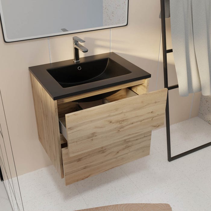 Meuble de salle de bains 60 cm 2 Tiroirs Chêne Naturel + Vasque Céramique Noire - TIMBER 1