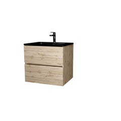 Meuble de salle de bains 60 cm 2 Tiroirs Chêne Naturel + Vasque Céramique Noire - TIMBER 2