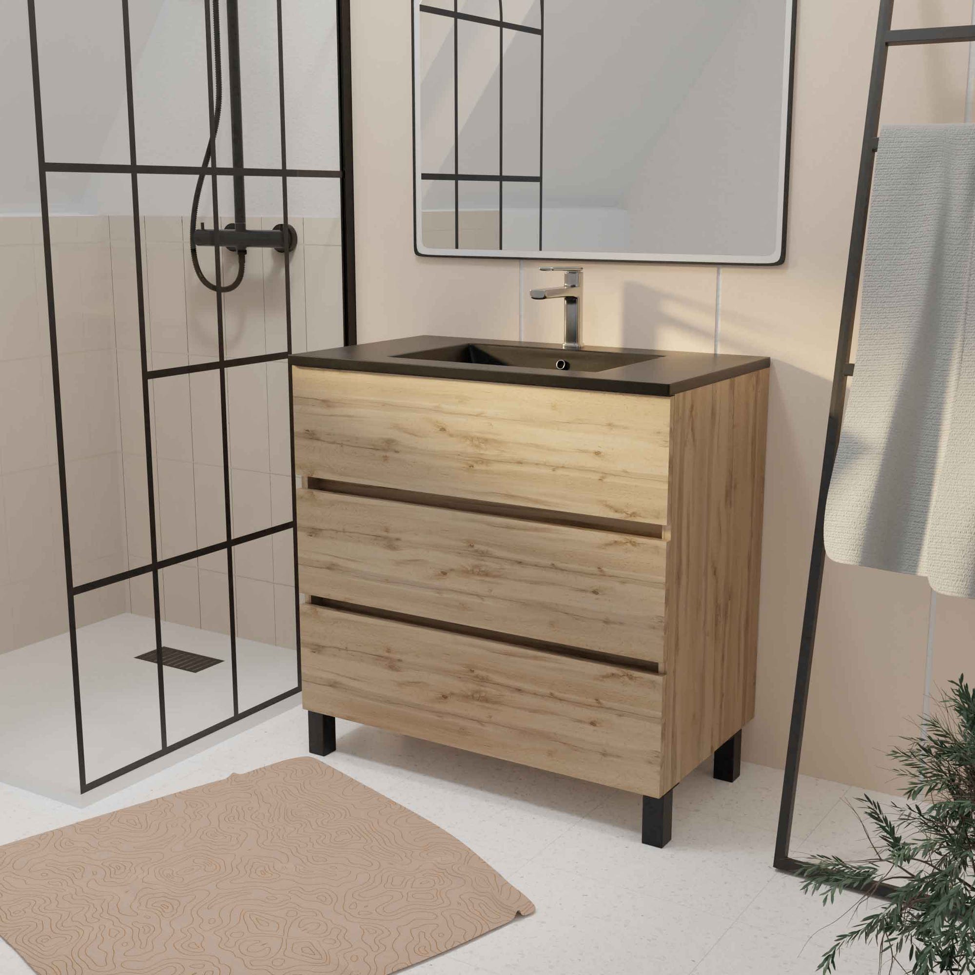 Meuble de salle de bains 80 cm 3 Tiroirs Chêne Naturel + Vasque Céramique Noire - TIMBER 2