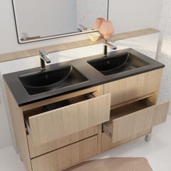 Meuble de salle de bains 120 cm 6 Tiroirs Chêne Clair + Vasque Double Céramique Noire - XENOS 1