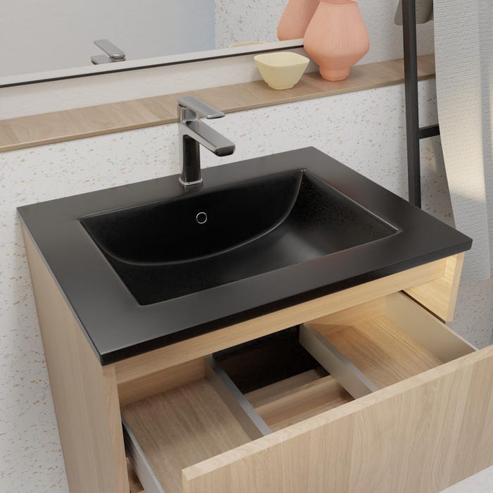 Meuble de salle de bains 60 cm 3 Tiroirs Chêne Clair + Vasque Céramique Noire - XENOS 1