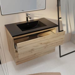Meuble de salle de bains 80 cm 2 Tiroirs Chêne Naturel + Vasque Céramique Noire - TIMBER 1