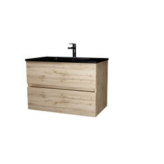 Meuble de salle de bains 80 cm 2 Tiroirs Chêne Naturel + Vasque Céramique Noire - TIMBER 2