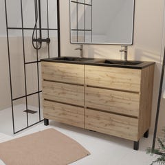 Meuble de salle de bains 120 cm 6 Tiroirs Chêne Naturel + Vasque Double Céramique Noire - TIMBER 0