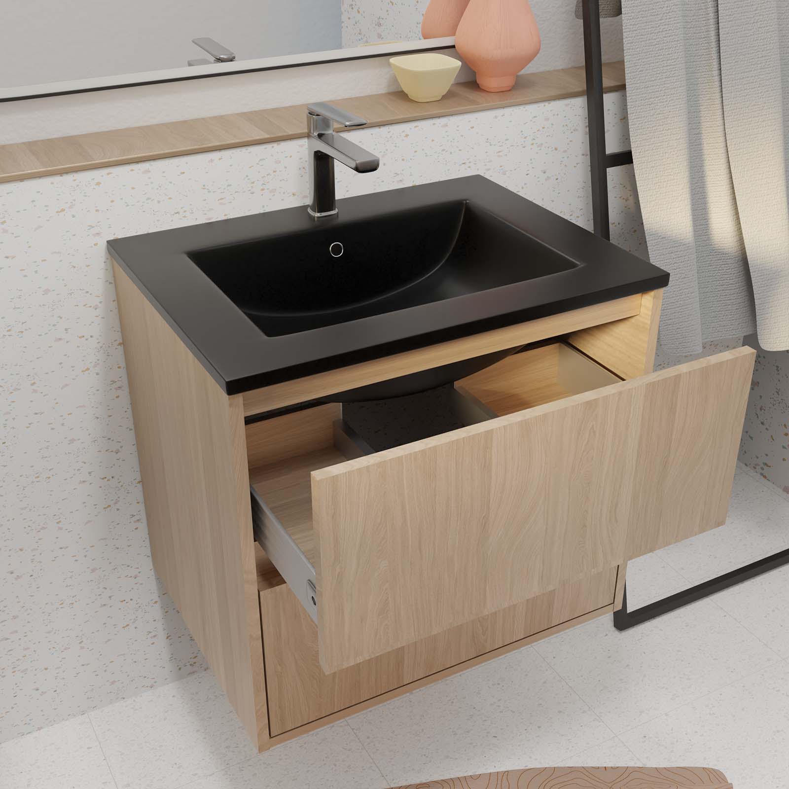 Meuble de salle de bains 60 cm 2 Tiroirs Chêne Clair + Vasque Céramique Noire - XENOS 1