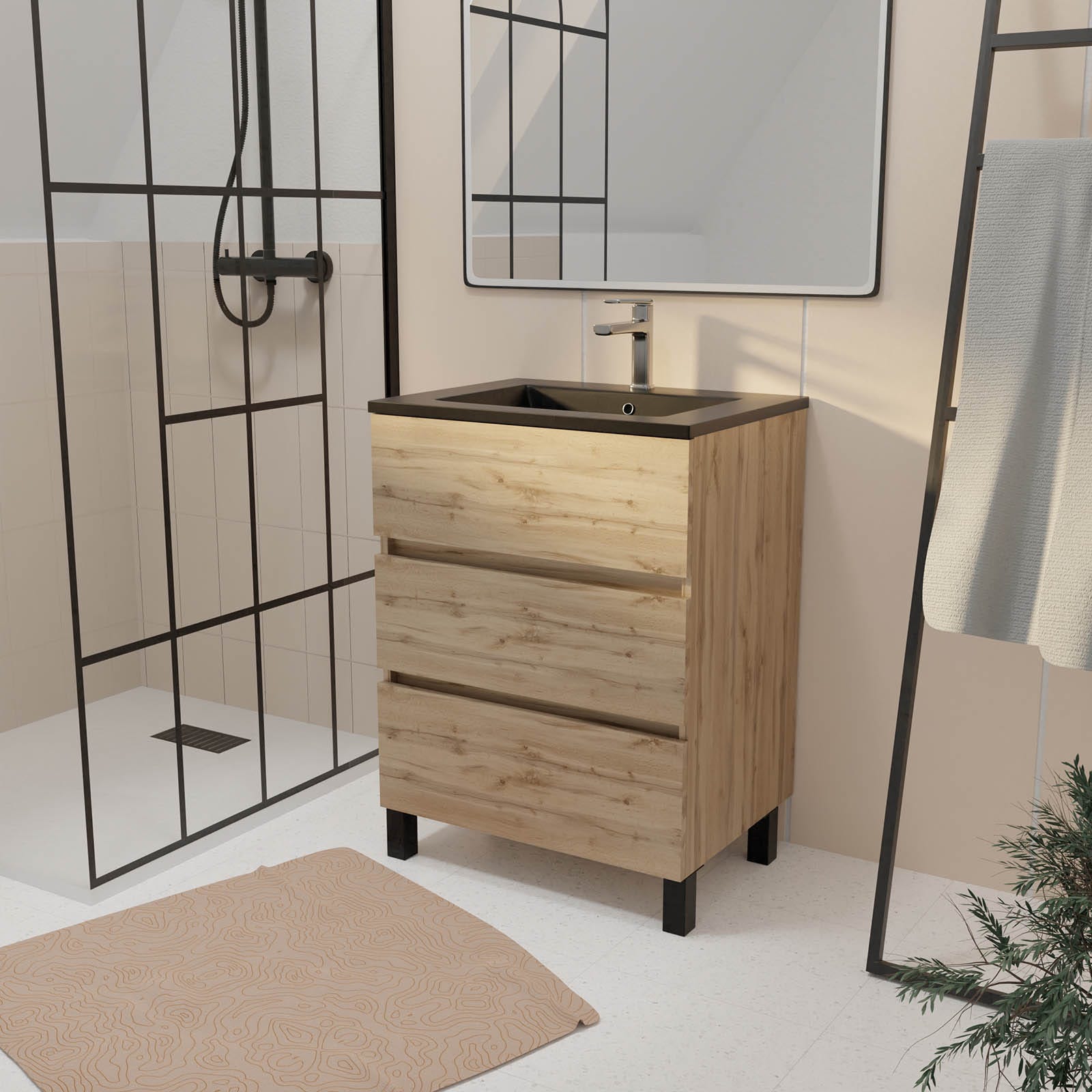 Meuble de salle de bains 60 cm 3 Tiroirs Chêne Naturel + Vasque Céramique Noire - TIMBER 0