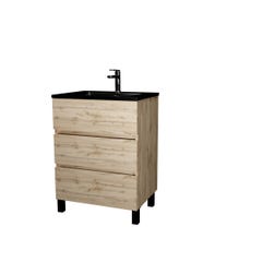 Meuble de salle de bains 60 cm 3 Tiroirs Chêne Naturel + Vasque Céramique Noire - TIMBER 2
