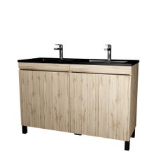 Meuble de salle de bains 120 cm 4 Portes Chêne Naturel + Vasque Double Céramique Noire - TIMBER 2