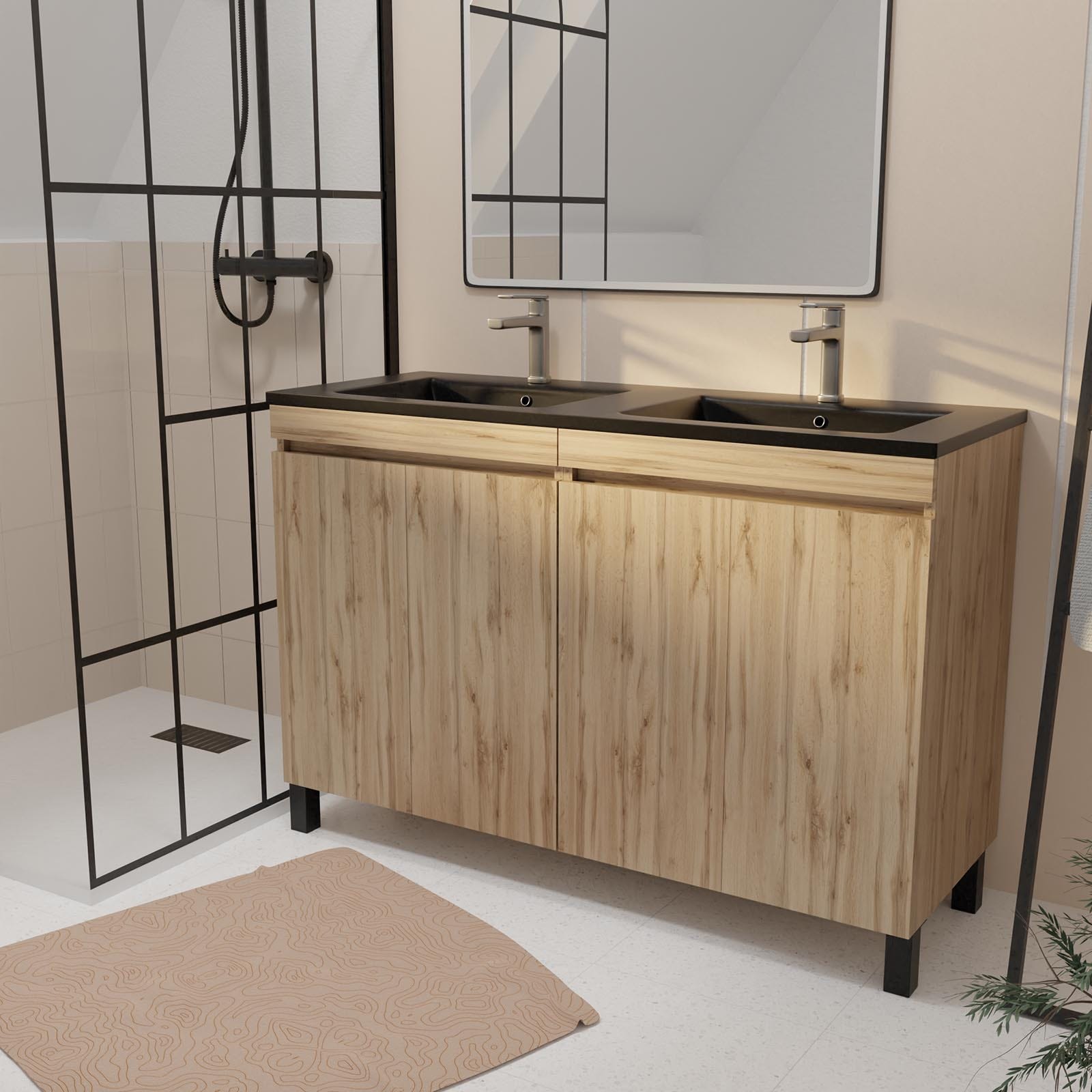 Meuble de salle de bains 120 cm 4 Portes Chêne Naturel + Vasque Double Céramique Noire - TIMBER 0