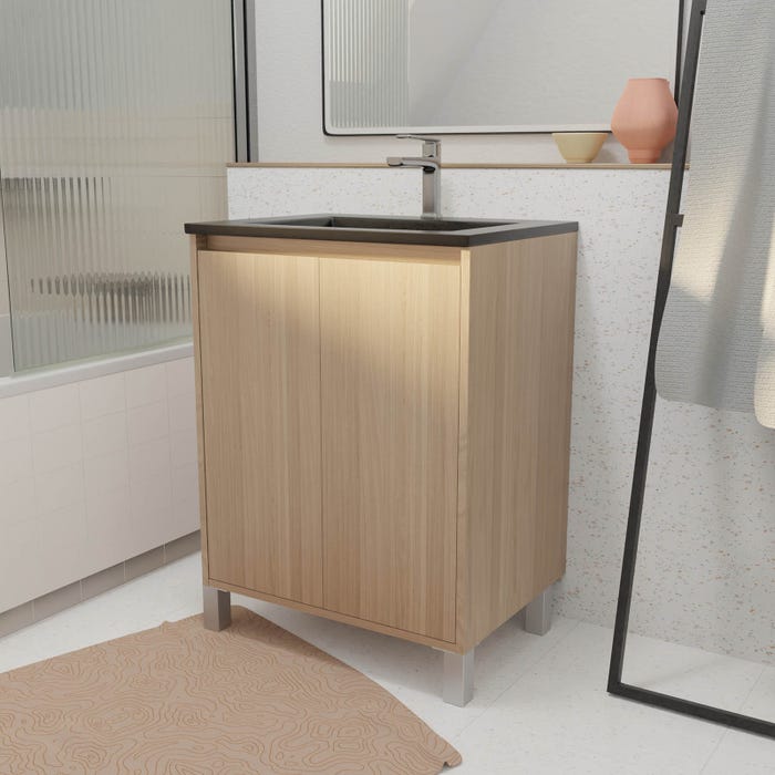 Meuble de salle de bains 60 cm 2 Portes Chêne Clair + Vasque Céramique Noire - XENOS 0