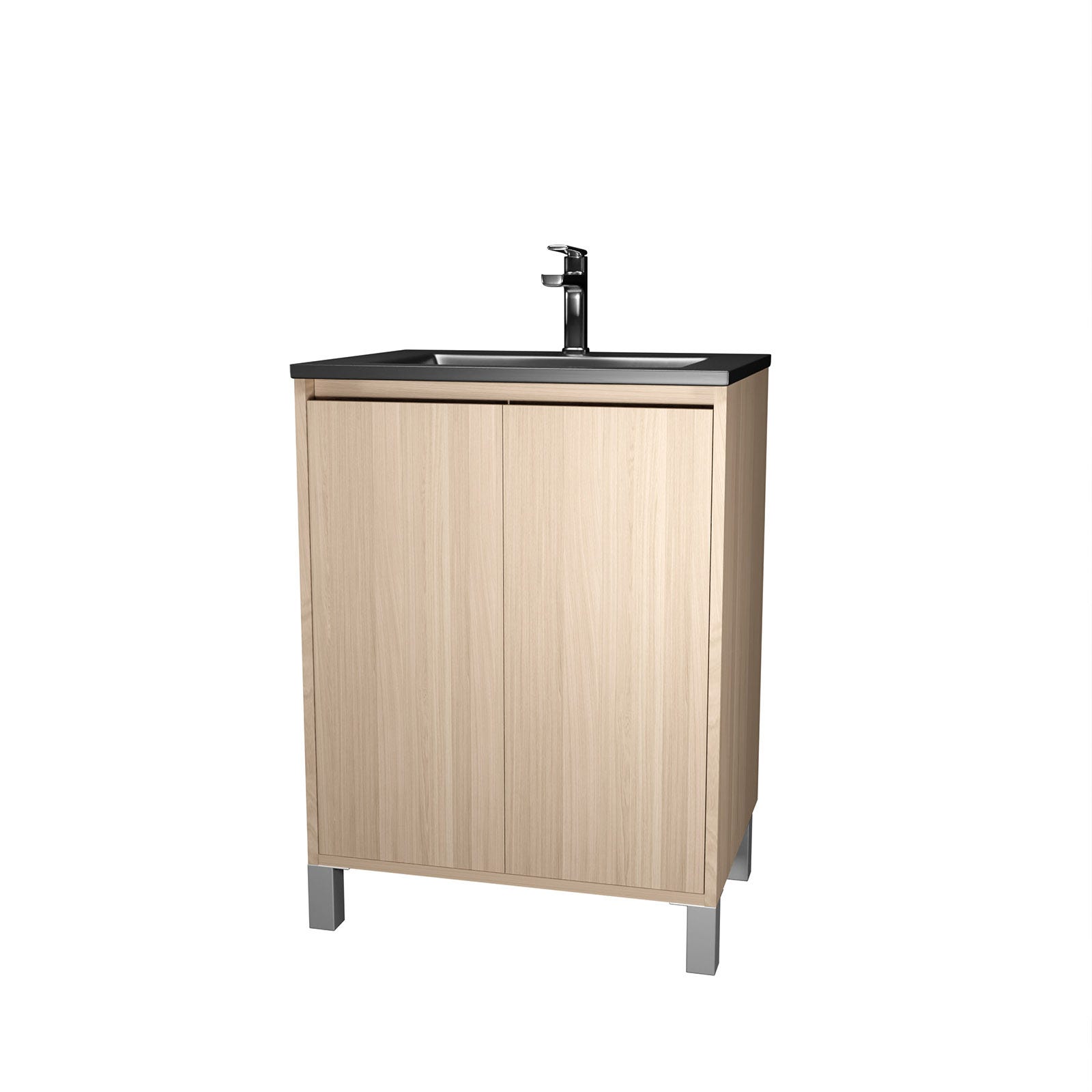 Meuble de salle de bains 60 cm 2 Portes Chêne Clair + Vasque Céramique Noire - XENOS 2