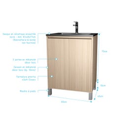 Meuble de salle de bains 60 cm 2 Portes Chêne Clair + Vasque Céramique Noire - XENOS 3