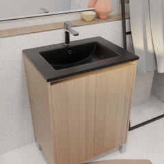 Meuble de salle de bains 60 cm 2 Portes Chêne Clair + Vasque Céramique Noire - XENOS 4