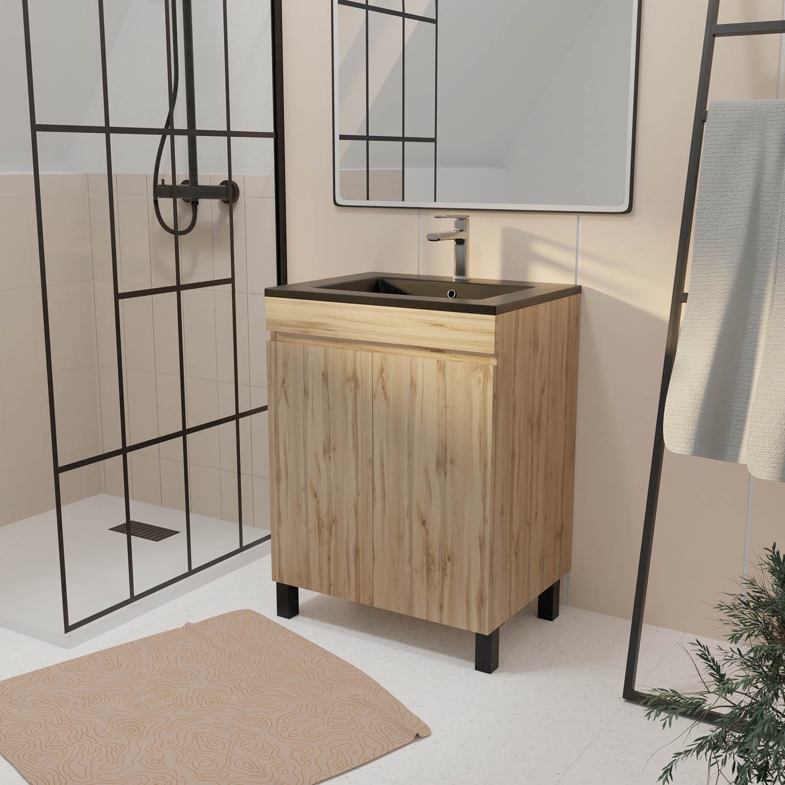 Meuble de salle de bains 60 cm 2 Portes Chêne Naturel + Vasque Céramique Noire - TIMBER 0
