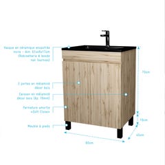Meuble de salle de bains 60 cm 2 Portes Chêne Naturel + Vasque Céramique Noire - TIMBER 3