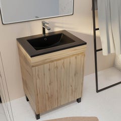 Meuble de salle de bains 60 cm 2 Portes Chêne Naturel + Vasque Céramique Noire - TIMBER 4