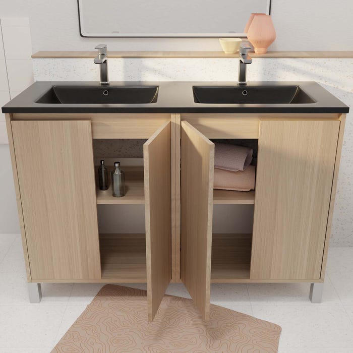 Meuble de salle de bains 120 cm 4 Portes Chêne Clair + Vasque Double Céramique Noire - XENOS 1