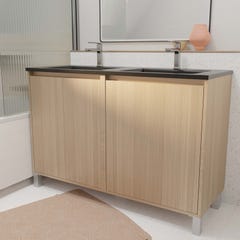 Meuble de salle de bains 120 cm 4 Portes Chêne Clair + Vasque Double Céramique Noire - XENOS 0