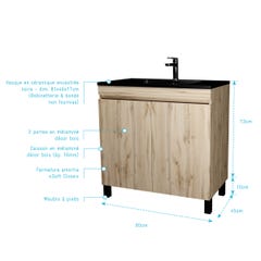 Meuble de salle de bains 80 cm 2 Portes Chêne Naturel + Vasque Céramique Noire - TIMBER 3