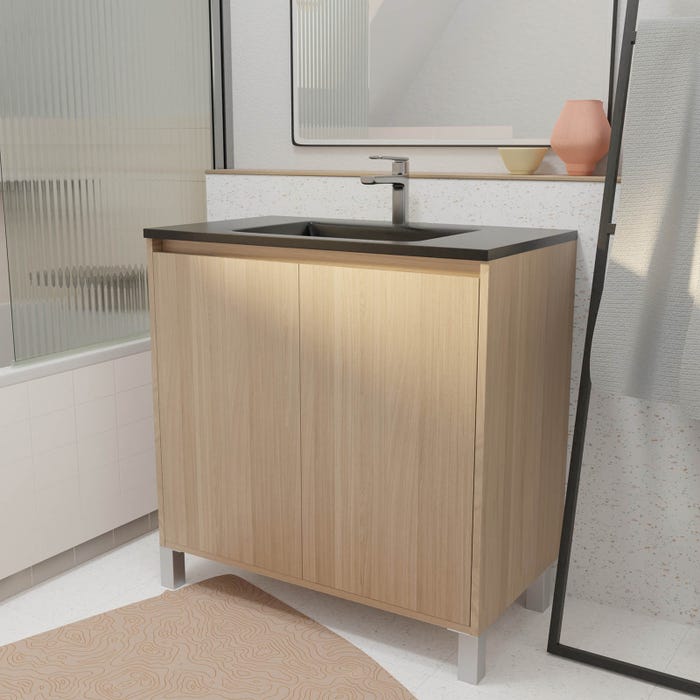 Meuble de salle de bains 80 cm 2 Portes Chêne Clair + Vasque Céramique Noire - XENOS 0