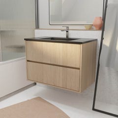 Meuble de salle de bains 80 cm 2 Tiroirs Chêne Clair + Vasque Céramique Noire - XENOS 0