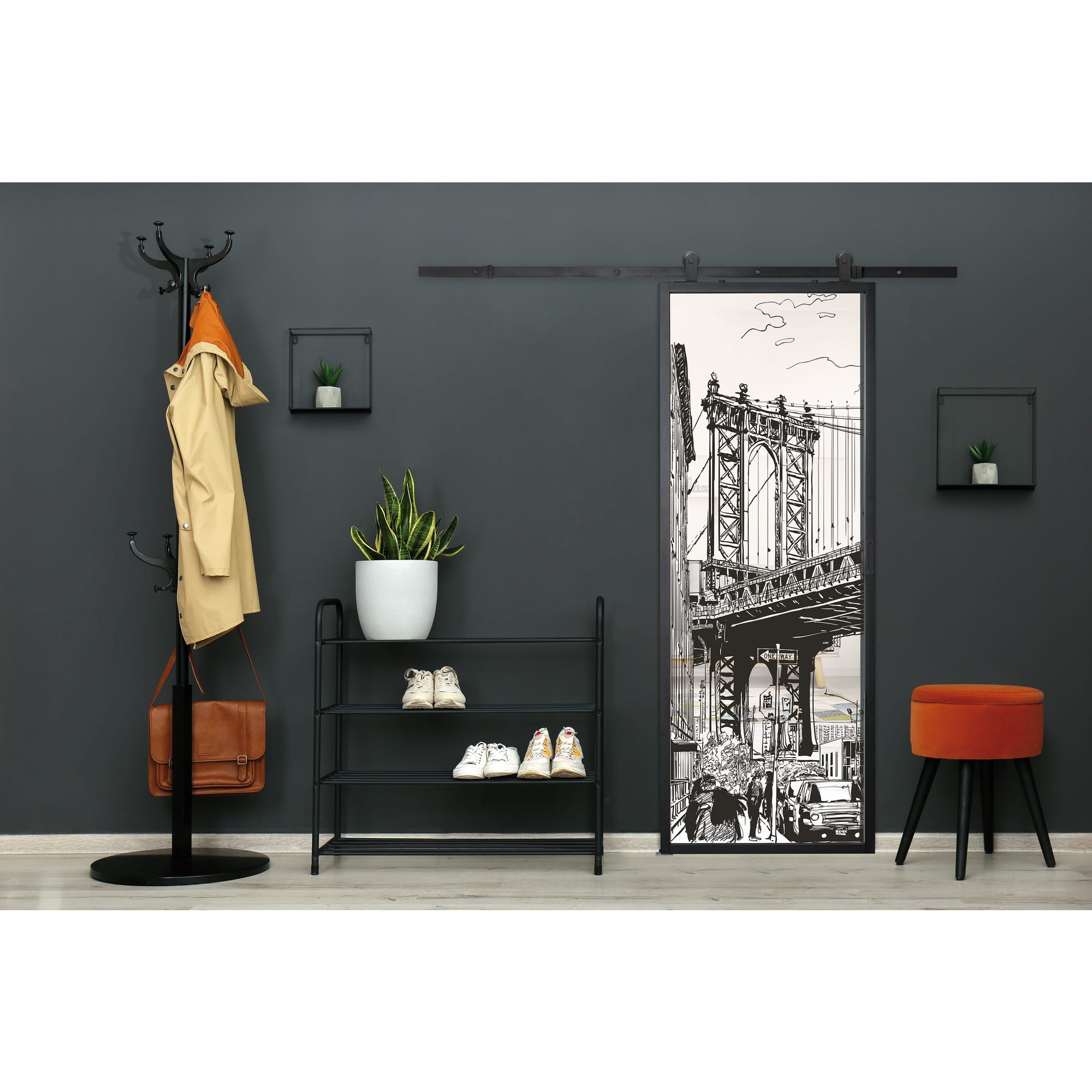 Porte coulissante NEW YORK 204 x 83 - Noir sablé - Rail Grange 0