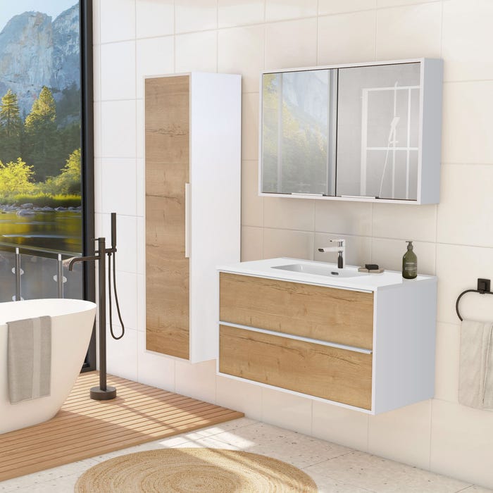 Meuble salle de bain 100 cm à suspendre avec rangement chêne/blanc Border + vasque kosmik blanche 1