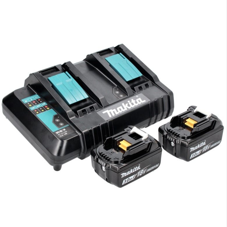 Makita Power Source Kit 18 V : 2x BL 1830 B Batteries 3,0 Ah + DC 18 SH Chargeur double (197599-5) (199687-4) 0
