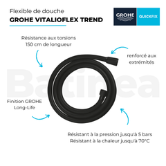 Flexible de douche GROHE VitalioFlex Trend 1500 mm noir mat + nettoyant GrohClean 1