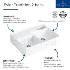 Evier cuisine VILLEROY ET BOCH Tradition Stone White CeramicPlus avec vidage manuel 2