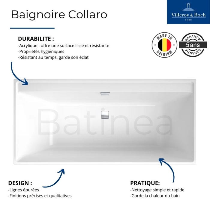 Villeroy &, Boch Collaro Duo baignoire rectangulaire, encastrée, acrylique, 1700 x 750 mm, écoulement et trop-plein:chrome, UBA170COR2DV 2
