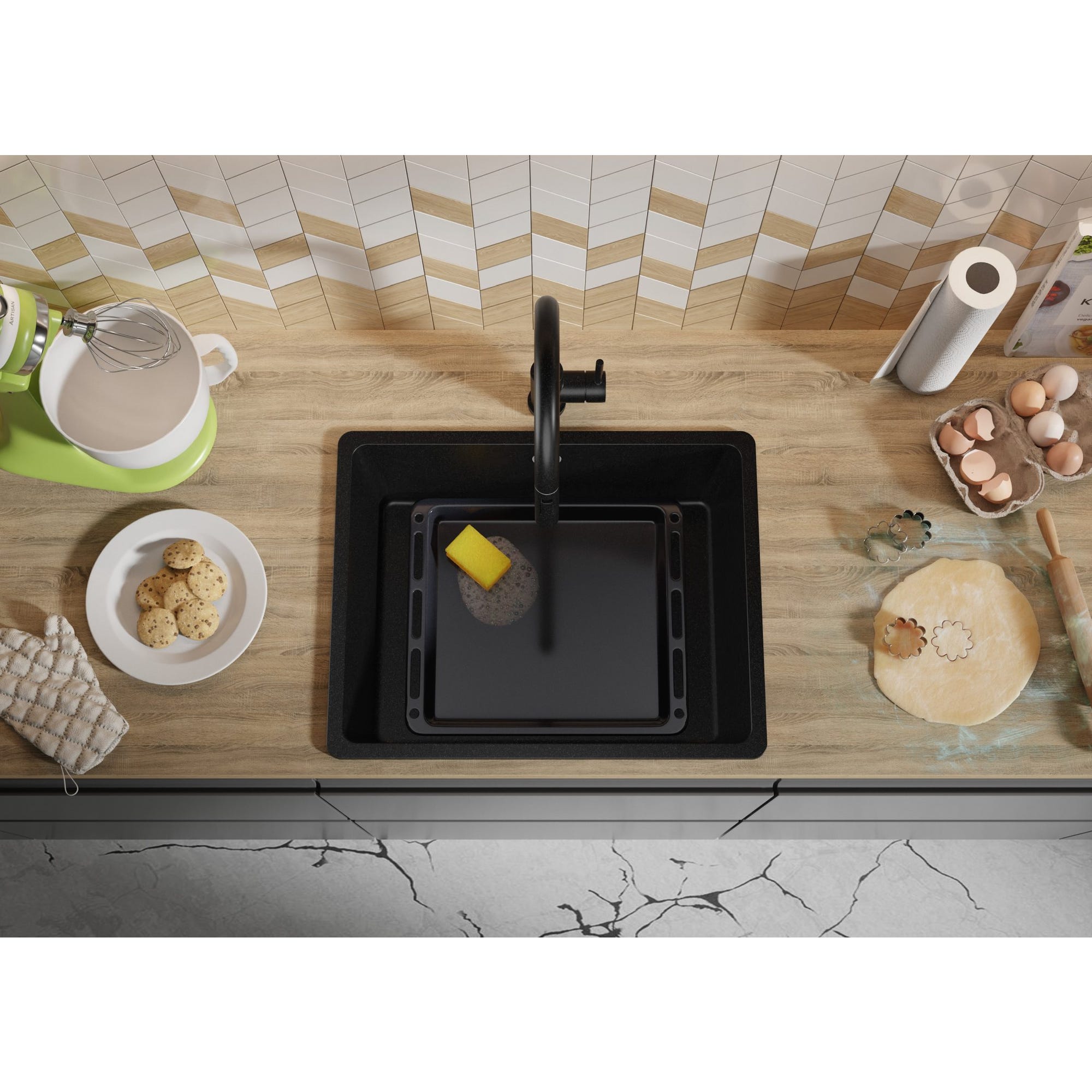 Evier Cuisine en Granit Noir, 44 x 56 cm, Lavabo 1 bac + Kit de Vidage, Évier à Encastrer Venice 60 Slim de Primagran 7