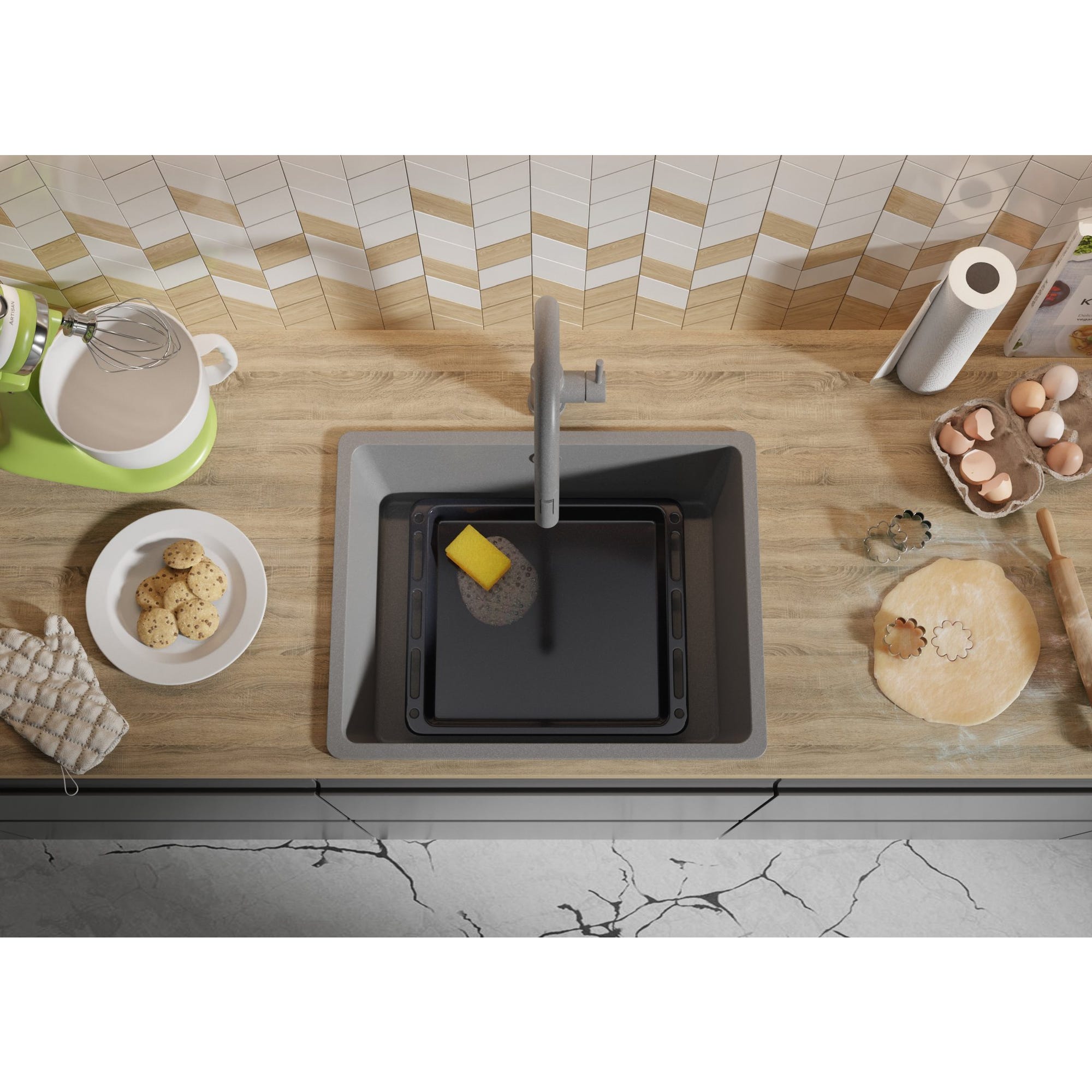 Evier Cuisine en Granit Gris, 44 x 56 cm, Lavabo 1 bac + Kit de Vidage, Évier à Encastrer Venice 60 Slim de Primagran 7