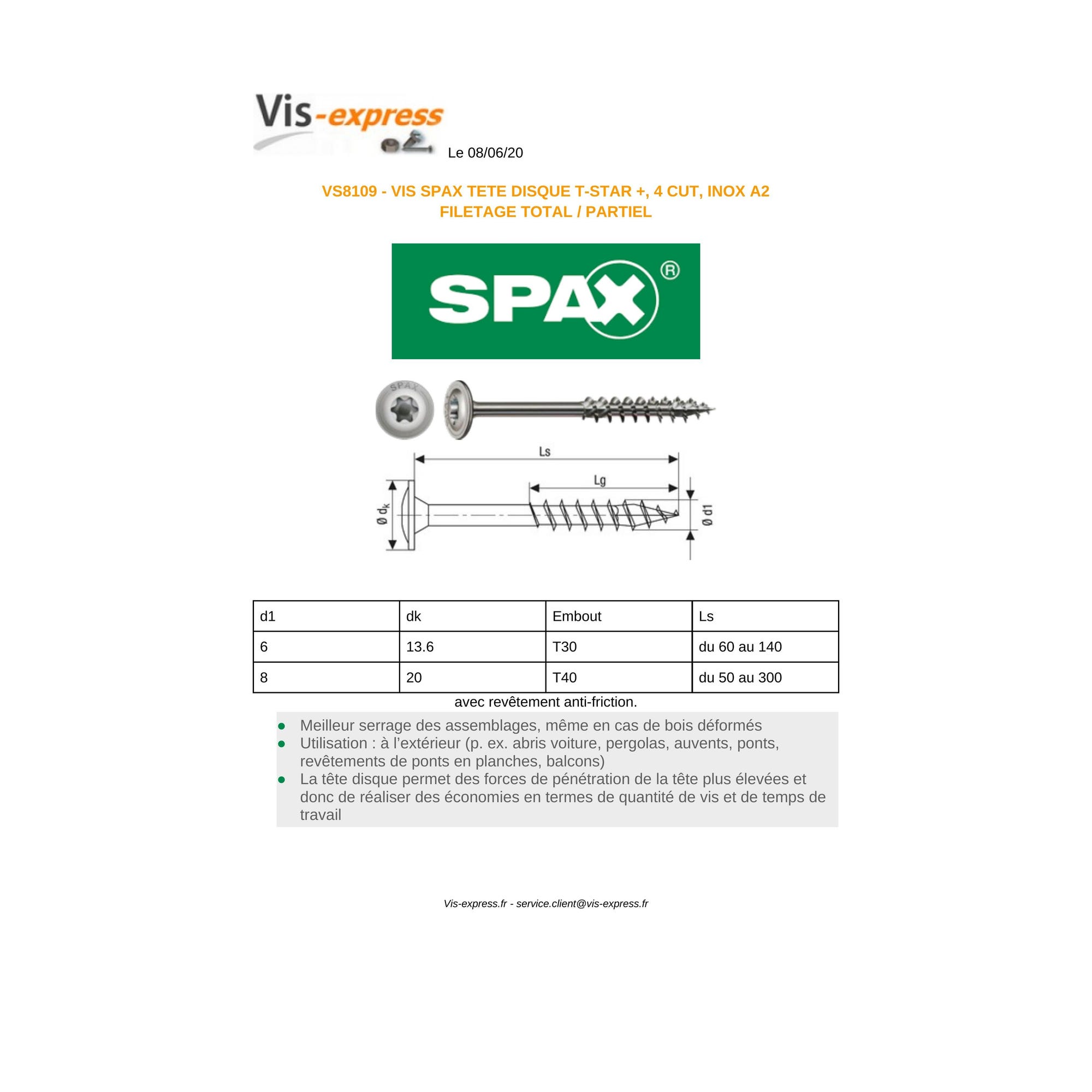 Spax Vis charpente tête disque Inox A2 8X80 Filetage total TORX T40 - 10 pièces 3