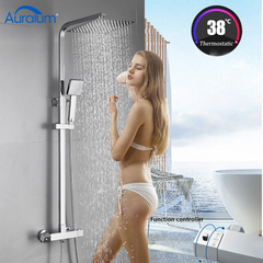 Auralum Système douche avec thermostat,douche effet pluie, colonne douche en Laiton avec pommeau de douche/douchette à main,barre de douche réglable 0