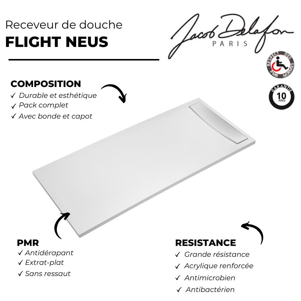 Pack receveur de douche antidérapant 160 x 80 JACOB DELAFON Flight Neus rectangle blanc+Kit d'étanchéité WEDI + Bonde + Capot 3