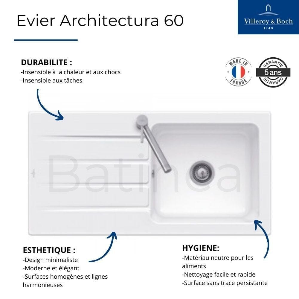 Evier VILLEROY ET BOCH Architectura 60 vidage auto + Robinet de cuisine Finera Acier Massif 1