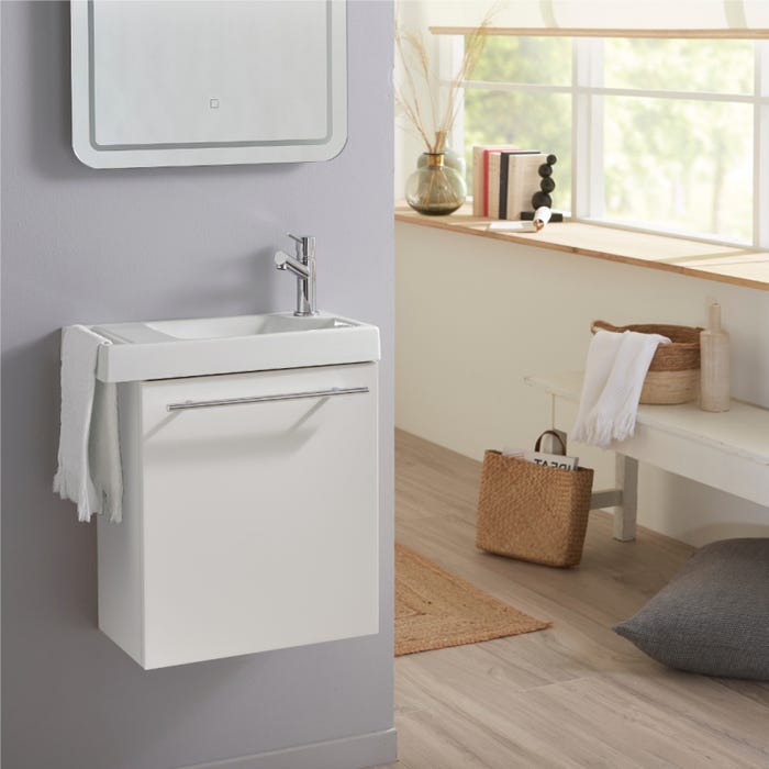 Pack lave-mains Blanc mat avec porte serviette - robinetterie eau froide à droite - L.48 X H.52.5 cm - Houston 2 0